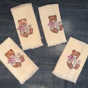 Cottage Core Vintage Bear Fingertip Towels Lot Cream Pink Satin Applique Pastel